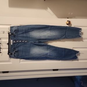 Kansan, button fly jeans, distressed bottom, sz 1XL, blue